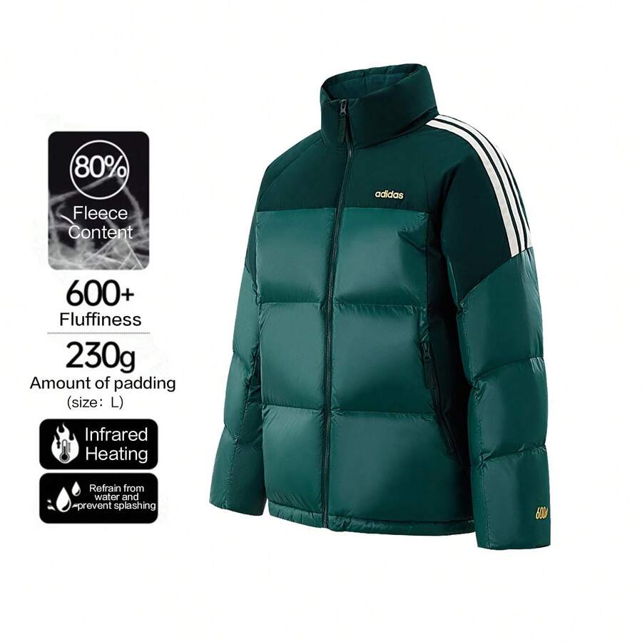 Adidas Stand-Up Collar Down Jacket, Unisex, Three Stripes, Warm, Windproof, Outdoor Duck Down Jacket. - Green - View 1