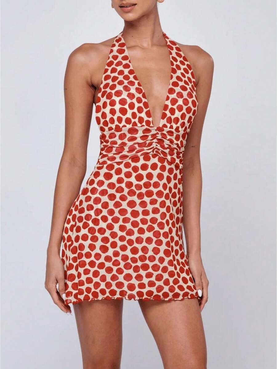 Women's Y2K Polka Dot Halter Neck Mini Dress Backless Ruched Tie Back Ruffle Hem Going Out Party Dress - Đỏ - Xem 1