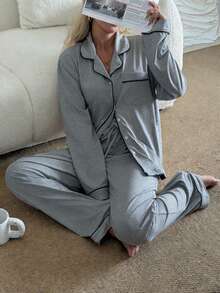 Nina Bonheur 2pcs Women Notched Collar Long Sleeve Pajama Set - Comfortable Casual Sleepwear & Loungewear - 灰色 - 查看 4