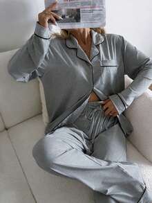Nina Bonheur 2pcs Women Notched Collar Long Sleeve Pajama Set - Comfortable Casual Sleepwear & Loungewear - 灰色 - 查看 3