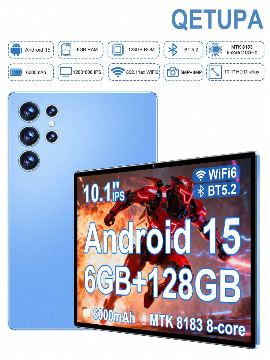 Qetupa Z50 10.1 英寸 Android 15 平板电脑，MTK8183 八核 2.0GHz 处理器，6GB RAM + 128GB ROM（支持 1TB SD 卡扩展），1280*800 高清 IPS 触摸屏，5MP 前置摄像头 + 8MP 后置摄像头，6000mAh 电池，802.11ax Wi-Fi 6，蓝牙 5.2，GPS，Type-C 充电端口。 - 藍色 - 查看 1
