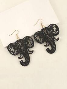 1 Pair Black Hollow Animal Elephant Design Drop Dangle Wooden Earrings, Casual & Unique For Women - Black - View 8