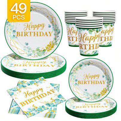 Eucalyptus Leaf Gold Foil Happy Birthday Disposable Plate, Napkin, Cup Set, Plates, Napkins And Cups Party Supplies, Serves 8 Guests, Disposable Paper Plates Party Tableware Suitable For Birthday, Wedding, Theme Party, Family Picnic