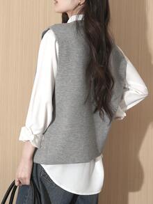 女士不对称下摆套头背心，简约设计，秋冬款 - 淺灰色 - 查看 2