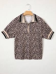 Acelitt 女士休闲棕色豹纹拼接金属半拉链条纹缎带贴片短袖上衣 - 彩色 - 查看 5