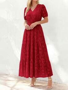 Women's Boho Maxi Dress, Summer Short Sleeve V-Neck Floral Flowy A-Line Long Dress, Formal For Wedding Guest & Baby Shower - 紅色 - 查看 5