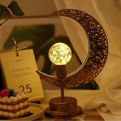 1pc Ramadan Moon & Star Iron Table Lamp, Holiday Decor Bedroom Lamp, Vintage Style Lighting Fixture, For Creating Cozy Home Atmosphere, Suitable For Ramadan, Valentine's Day Decor, Comfortable Ambiance Lighting, Holiday Illumination, Retro Lamp, Moon & Star Design, Durable Structure, Handcrafted Appearance, Atmosphere Lamp, Home Decor, Bedroom Style