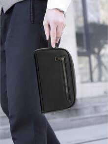 HOVI'S Men's Black Plaid Textured PU Leather Clutch Bag - Dual Zipper Design Wrist Strap, Large Capacity For Phone & Daily Items, Business Casual, New Year & Valentine's Day Gift - Black - View 7