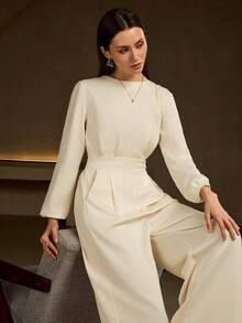 Sophisticated Long Woven Fabric Jumpsuit For Women Round Neck Long Sleeve With Zipper Detail Spring - Light Apricot - View 6