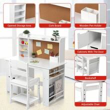 Juego de computadora y Silla para niños y niñas, Mesa de Escritura de Madera para niños con estantería, tablón de anuncios y gabinetes para Edades de 3 a 8 años - Blanco - Ver 2