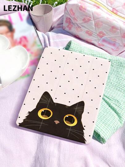 1pc Polka Dot Black Cat Pattern Tablet Protective Case With Pencil Slot, Shockproof, Tri-Fold Tablet Stand Protective Shell, Compatible With IPad 10.2 Inch, IPad Pro 11 2021/2020/10th Gen, IPad (A16) 11 Inch 11th Gen 2025, IPad 8th/9th/10th Gen, Galaxy Tab A8 10.5 Inch 2022, Matepad 10.4/Tab, Romantic Valentine's Day Gift