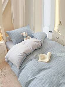 4件套蓝色格子床品套装（1件被套+1件床单+2件枕套），柔软舒适，适用于学生宿舍双层床，亲肤透气，经久耐用，不易褪色，保暖，适合卧室、客房、宿舍，四季皆宜。 - 海之聲_灰 - 查看 3