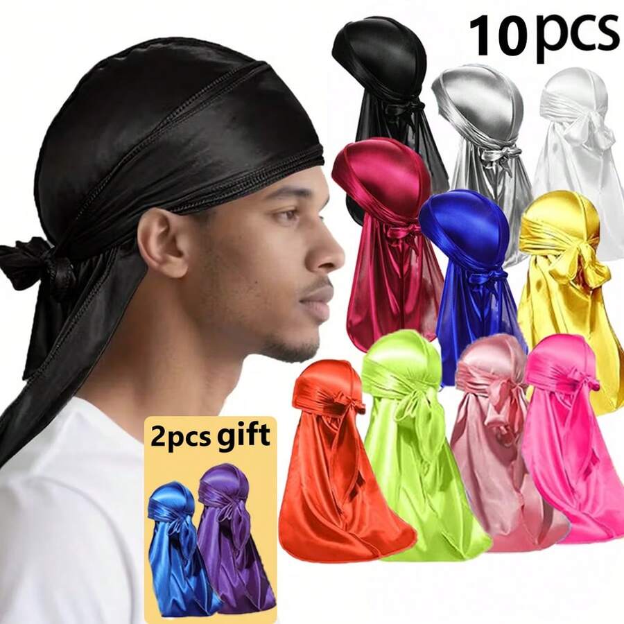 12条装男女通用头巾 - 丝滑缎面头巾，长尾宽带设计 - 透气波浪帽，可打造360度波浪发型，保护头发，适合睡眠 - 12种颜色（黑色、白色、红色、蓝色等），美发工具，美发用品，旅行必备，旅行，理发师，发型师，理发师配件，情人节，美发用品，发型师，理发店，沙龙，度假必备，美发产品，理发店，情人节礼物，男士旅行必备，发型师工具 - 彩色 - 查看 1