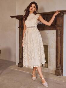 Simplee 女士春夏新款网纱刺绣荷叶边无袖连衣裙，适合婚礼和派对穿着 - 杏色 - 查看 8