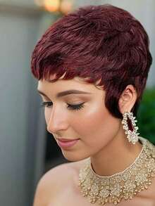 Pelucas de cabello humano para mujeres, estilo corte pixie en varios colores para mujeres, pelucas de cabello humano corto mezclado en color burdeos y marrón con flequillo, perfectas para fiestas y festivales de música - S99JA/BUGA - Ver 2