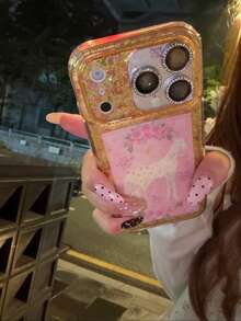 可爱卡通金色闪光玫瑰小马设计 17 Pro Max 16 15 Pro 14 手机壳,防震保护套,时尚美观,适合女孩 - 粉色 - 查看 3