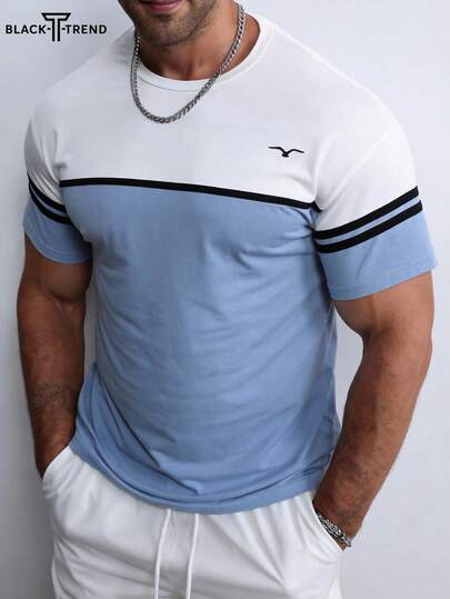 黑色男士休闲撞色海鸥印花短袖T恤，夏季