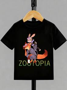 Disney Zootopia Judy & Nick Boys' Short Sleeve T-Shirt, Black Base Anime Print Top,  Cool Kids' Wear For Daily Outings - 黑色 - 查看 3