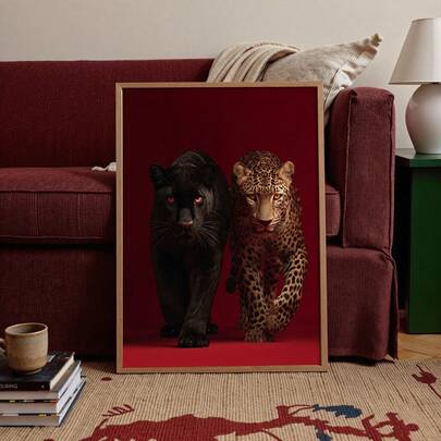 1 Peça Quadro/Sem Moldura Pôster em Tela de Pantera Vermelha Leopardo Boho Selva Animal Selvagem Arte de Parede Vermelha de Luxo Impressão Funky Decoração Minimalista Estética para Apartamento, Sala de Estar, Quarto, Decoração Moderna para Casa