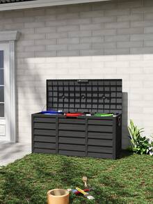 LIVINGANDHOME 1 Piece Black PP Outdoor Storage Deck Box 290L Lockable Hinged Top Weather Resistant Garden Organizer - Black 290L - View 3