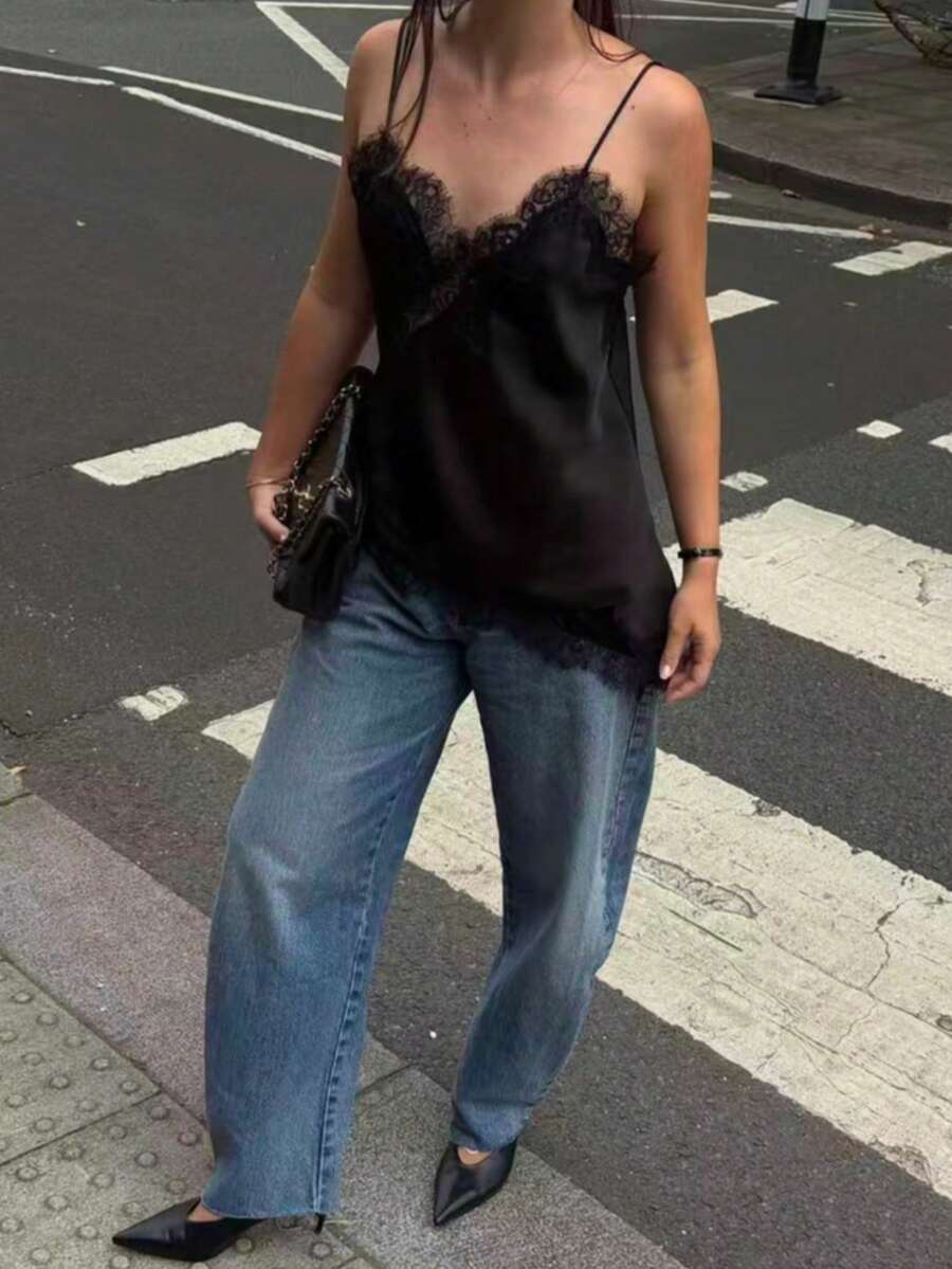 DEEKA 新款春夏时尚女式蕾丝装饰吊带背心，欧美风黑色 - 黑色 - 查看 1