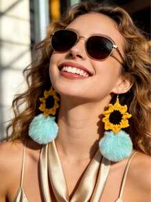 Handmade Crochet Sunflower Pom-Pom Earrings Boho Chic Statement Accessories For Festivals & Everyday Style - Mint Green - View 6