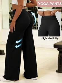 1pc Women High Waist Straight Leg Wide Leg Pants, Sports Trousers - Black - View 1