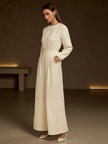 Sophisticated Long Woven Fabric Jumpsuit For Women Round Neck Long Sleeve With Zipper Detail Spring - Light Apricot - View 4