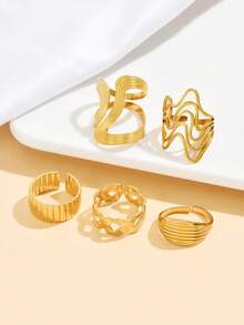 5pcs Asymmetrical Geometric Open Ring Set, Elegant Woven Line Design Stainless Steel Rings, Waterproof & Fade-Resistant, Versatile Daily Wear Jewelry For Women - Geometry - View 5