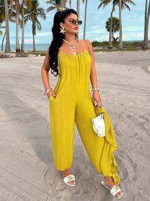 AIJ Amarillo Yellow Sexy Spaghetti Strap Loose Waist Design Casual Jumpsuit, Outerwear Jumpsuit, Holiday Beach Outfit, Music Festival Outfit, Spring/Summer New Women's Fashion - Mustard Yellow - View 5