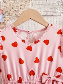 Young Girls' Casual Heart Print Dress, Ruffled Cap Sleeve A-Line Dress, Suitable For Casual, Tea Party, Vacation, Fresh And Youthful Pink Heart Print Dress - Red - View 3