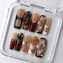 NailLush 10 PCS Handmade Square Press-On Nails | Vintage Sweet Beige-Brown-Red Acrylic Nails, 3D Cherry & Pearl Embellished Tie-Dye Leopard Texture - 棕色 - 查看 10