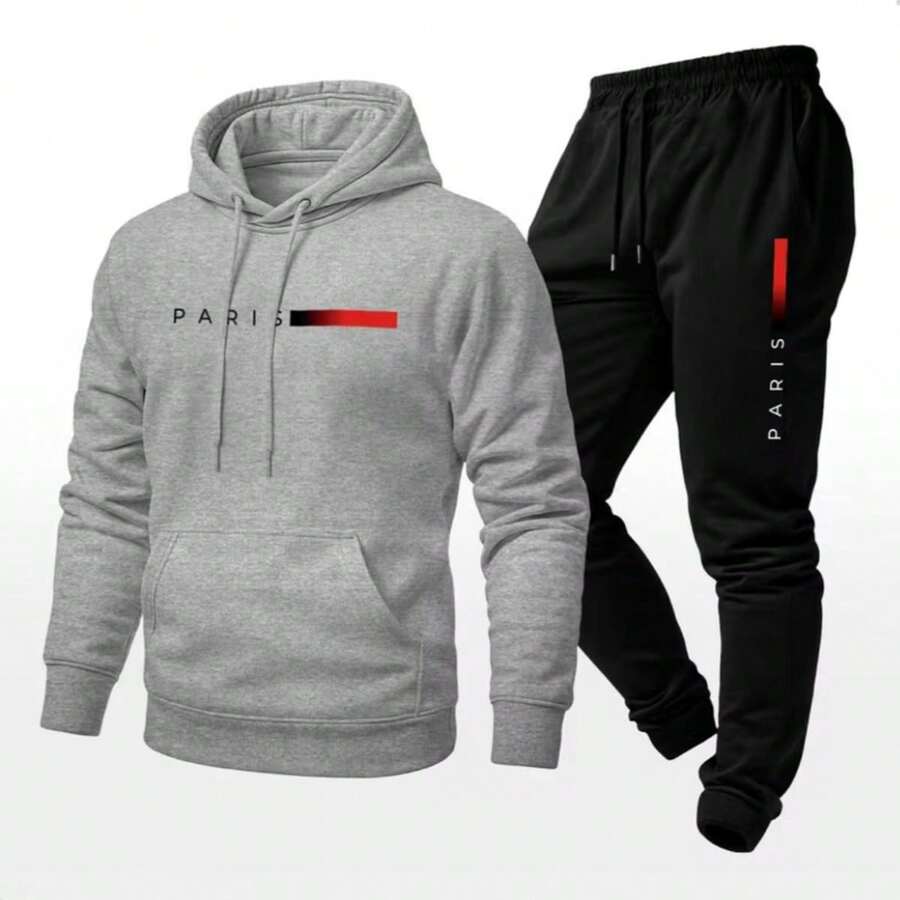 Men's Kangaroo Hoodie And Cold Weather Tracksuit Set - Xám/Đen - Xem 1