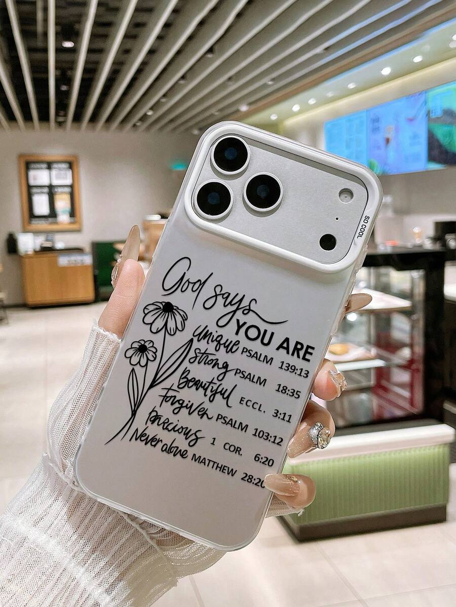 Funda de teléfono dura de PC con borde suave y cobertura completa, con diseño floral inspirador y protección para la lente de la cámara, compatible con iPhone y Galaxy, con versículo bíblico de fe cristiana - Plateado - Ver 1