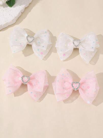 2pcs/4pcs Girls Mesh Sequin Rhinestone Heart Bow Hair Clips Set, Suitable For Daily Decoration