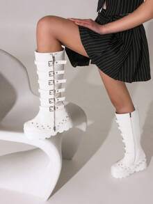 Goth Knee High Boots For Women Y2K Round Toe Wedge Heel Boot Platform Booties Punk Buckle With Side Zipper Dress Party Fashion Halloween Combat Boots Women - 白色 - 查看 7