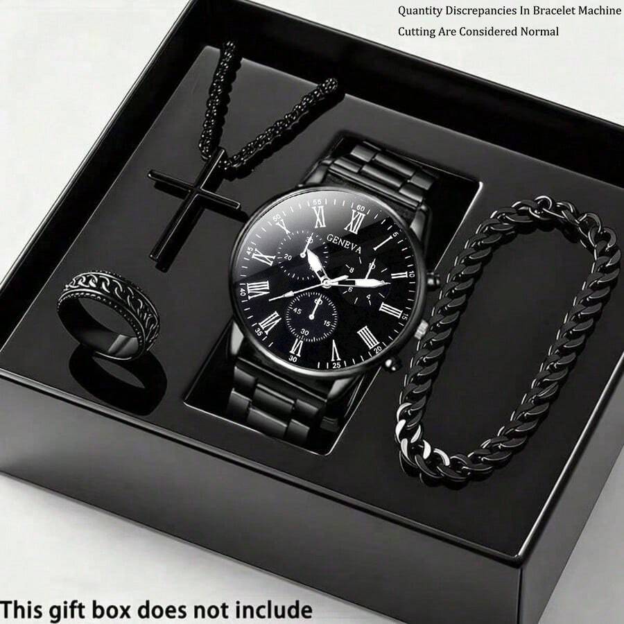 1 Set Men's Casual Fashion Quartz Watch, Large Roman Numeral Dial, Analog Display, Suitable For Daily Wear, Birthday Gift Or Gift For Friends And Family (No Gift Box) - 黑色 - 查看 1