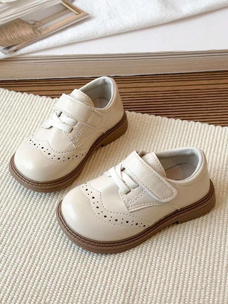 Infant Hook And Loop Flat Shoes, Unisex Comfortable Versatile Laser Cut Leather Shoes - Beige - View 1