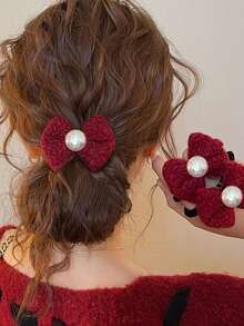 1pc Women's Cute New Year Red Pearl Bow Hair Scrunchie, High Elastic Hair Tie, Elegant Bun Holder For Autumn/Winter - Red - View 5