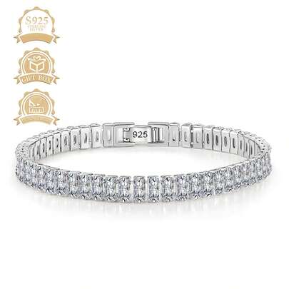 1pc Minimalist 925 Sterling Silver Cubic Zirconia Geometric Square Tennis Chain Bracelet For Women, Versatile For Daily Wear, Gift, Party, Vacation, Valentine's Day