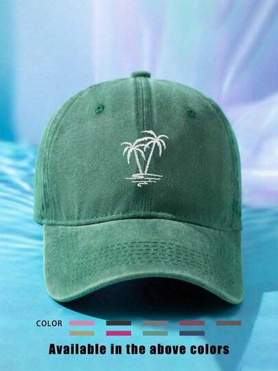 1 st broderad palmträdstvättad basebollkeps, justerbar solskyddande hatt för utomhusbruk, lämplig för vår-/höstresor, strand, Y2K-stil för unga människor