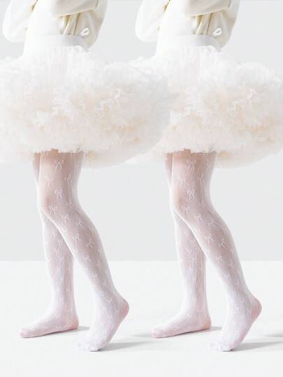 1pc Girls/Toddlers White Bow Pattern Thin Mesh Socks, Minimalist Breathable Elastic Comfortable Snag-Resistant Socks, Suitable For Party, School, Casual, Vacation