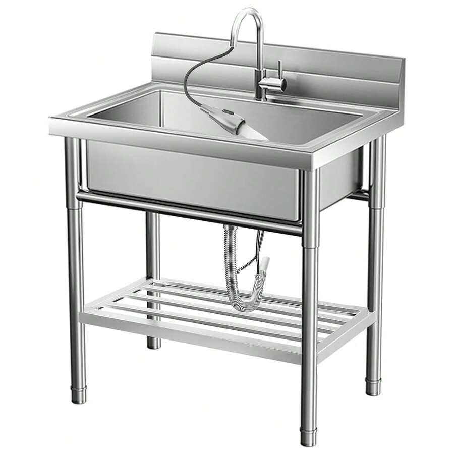 Fregadero Industrial de Acero Inoxidable, Lavabo Único 51x51x86 cm con Grifería, Ideal para Lavandería, Garaje o Cocina, Uso Interior/Exterior - Plateado - Ver 1