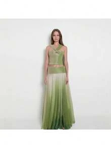 Summer New Temperament Neck Sling Skirt Set Gradual Change Loose Dance Skirt - 綠色 - 查看 3
