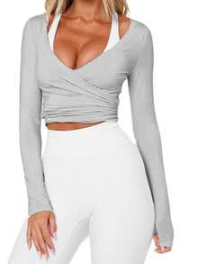 Women Ballet Wrap Top V Neck Solid Long Sleeve Self Tie Dance Shirt Pilates Yoga Tops Y2k Workout Active Blouses Clubwear For Daily Party - 淺灰色 - 查看 2
