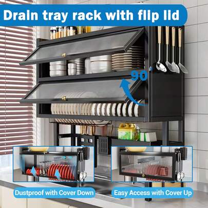 HanTai Over The Sink Dish Drainer Drying Rack 4 Tier Over Sink Dish Rack For A Tidy Kitchen Sink Shelf Organized Space-Saving Dish Rack With Cover For Dishes, Glasses, Bowls, And Cutlery