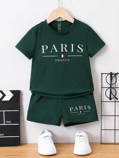 男童字母印花圆领短袖T恤和短裤两件套休闲套装