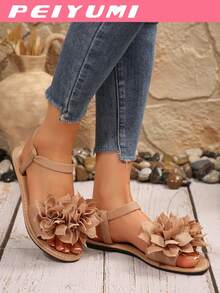 PEIYUMI Women's Sandals, Summer Beach Floral Decor Sandals, Stretchy Elastic, Easy To Carry - Apricot - View 3