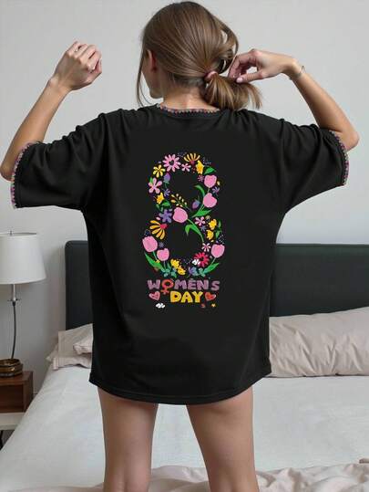 Tricou de damă cu mânecă scurtă și guler rotund negru, mărime plus - moale și respirabil, potrivit pentru vară și primăvară, casual, vacanță, purtare zilnică - tricou grafic cu croială regulată pentru femei