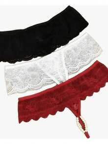 KIT 3 CALCINHAS LINGERIE SEXY TAILANDESA COM PÉROLAS ESTIMULANTES - Vermelho/Preto/Branco - Visão 2